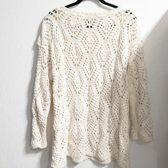 525 Sweater Open Knit Pullover Cotton One Size Ivory Cream Coastal Boho - Picture 3 of 4